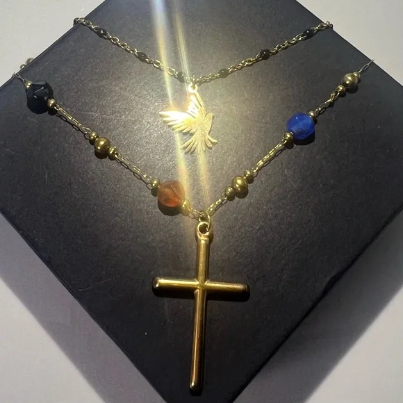 Colorful Natural Stone Bead Chain w Enamel Bead Dove Chain 18k Gold - Picture 3 of 4